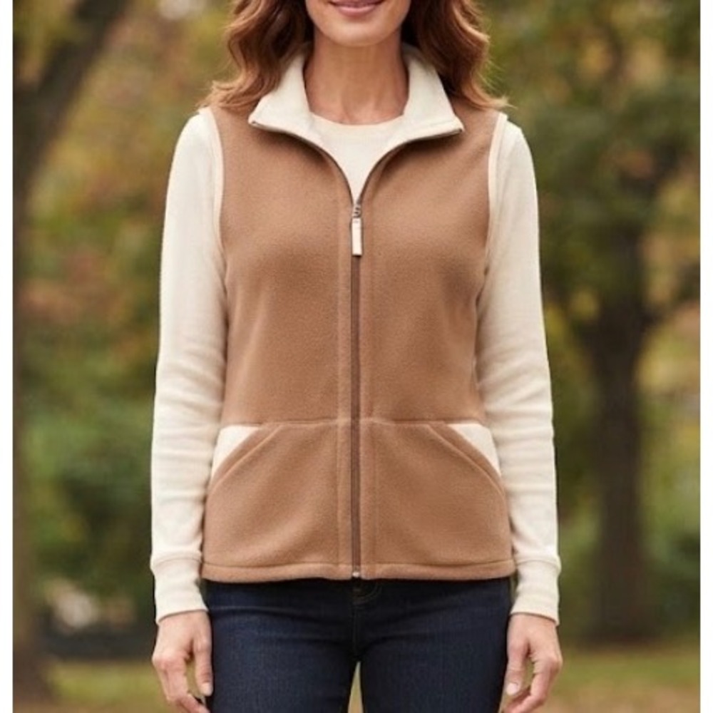 Casual Corner Annex Petite Fleece Vest Tan Brown Cream Zip Pockets Medium M